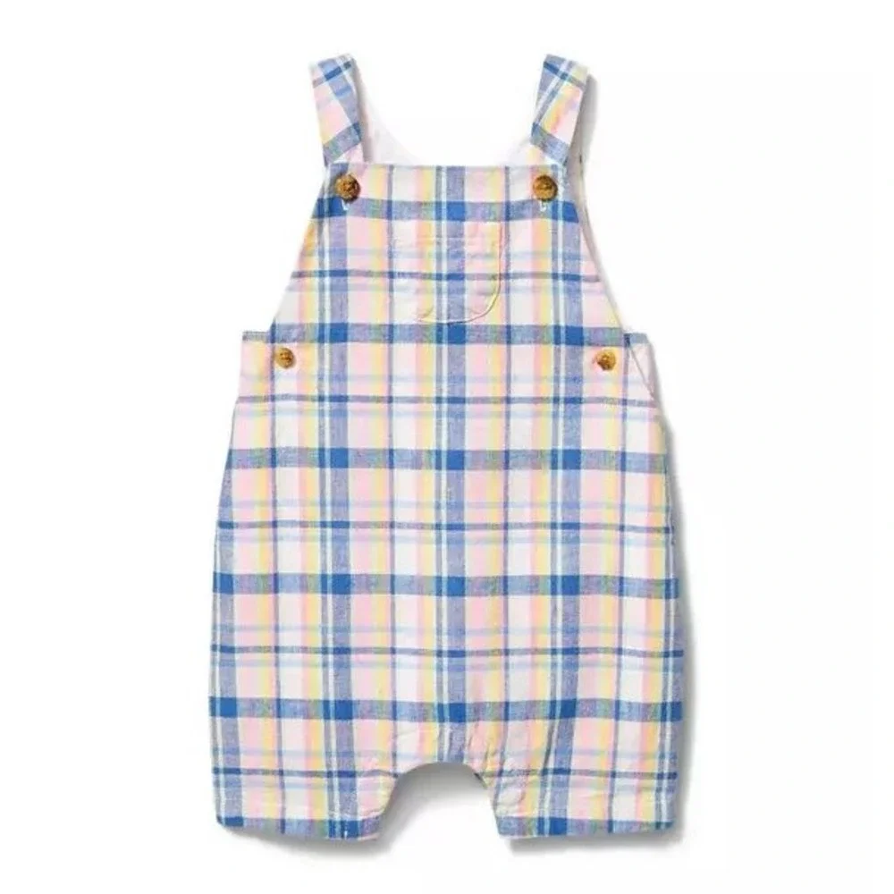 Janie and Jack Baby Blue and Pink Plaid Shortalls Size 6-12 Months